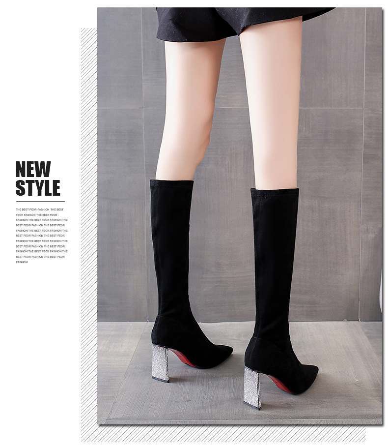 Winter Rhinestone Chunky Heel below the Knee Long Boots Female High Heel 202 New Pointed Toe All-Matching Black Thigh Highs Skinny Boots