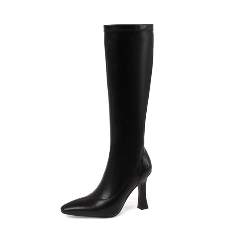 INS Commuting Figure Flattering Springy Thigh Boot below the Knee European and American Super High Heel Pointed Single-Layer Boots Side Zipper Martin Boots