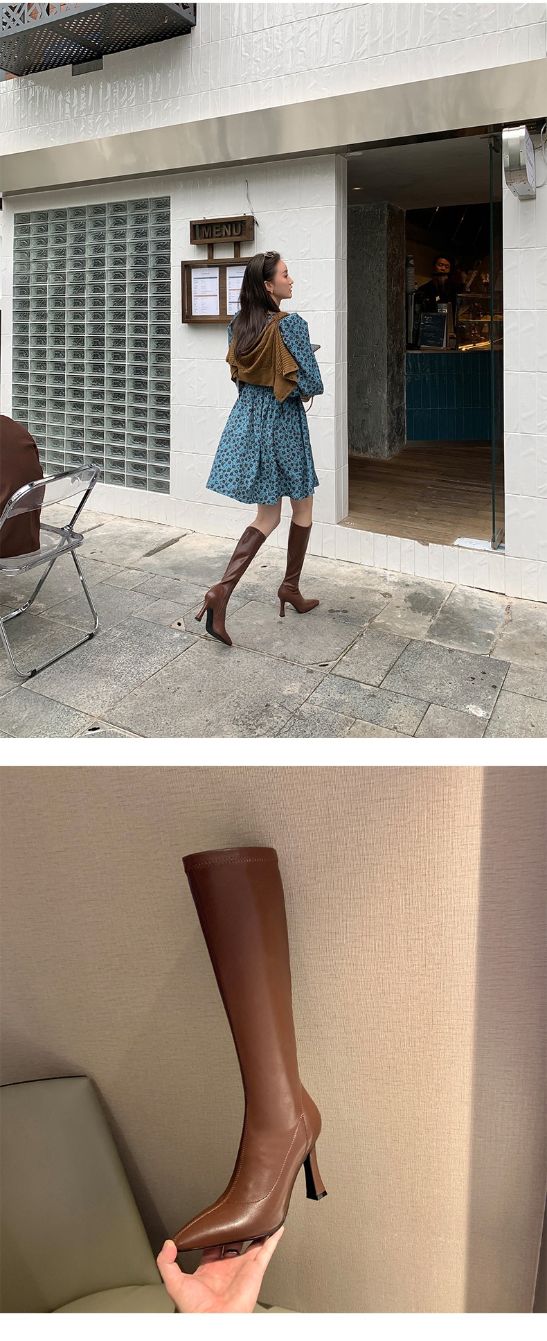 INS Commuting Figure Flattering Springy Thigh Boot below the Knee European and American Super High Heel Pointed Single-Layer Boots Side Zipper Martin Boots