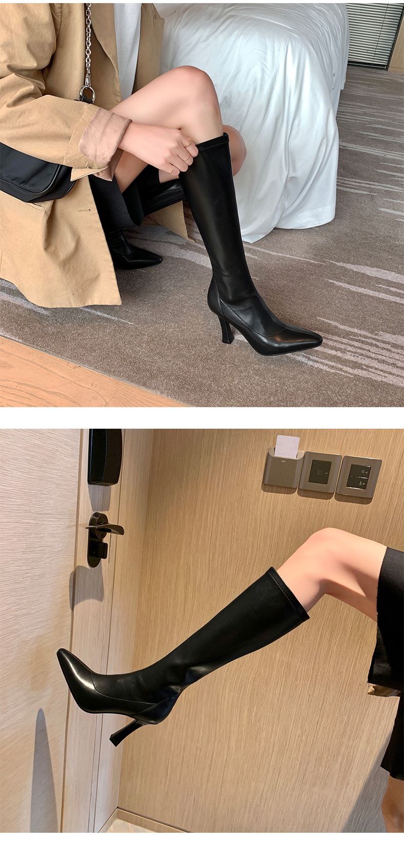 INS Commuting Figure Flattering Springy Thigh Boot below the Knee European and American Super High Heel Pointed Single-Layer Boots Side Zipper Martin Boots