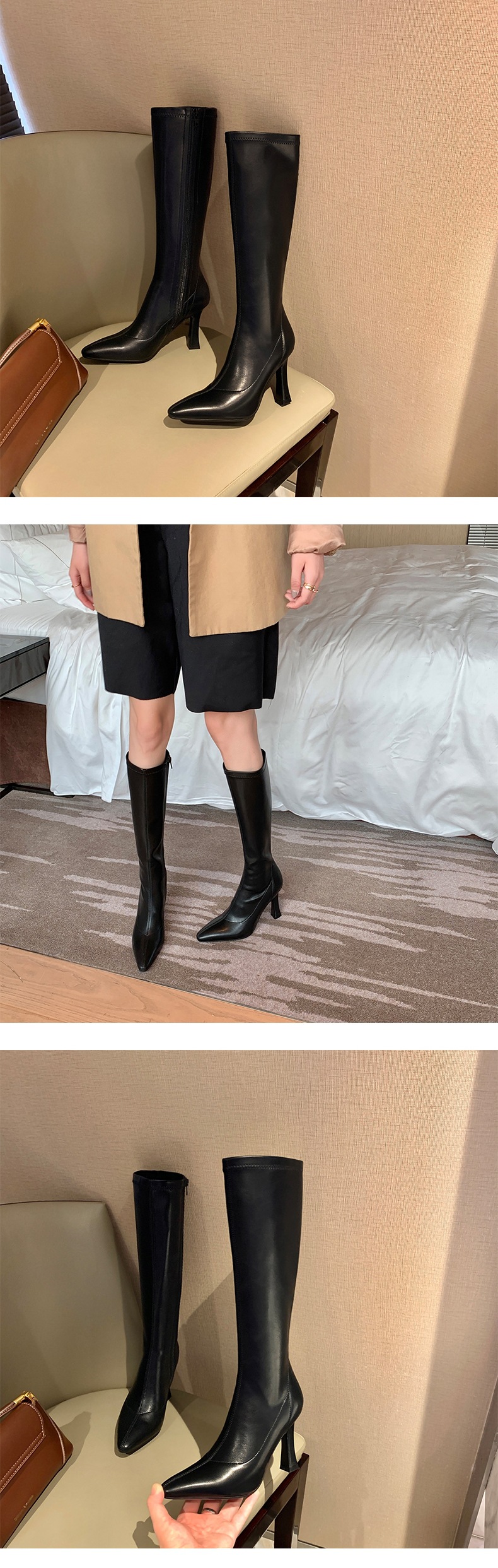 INS Commuting Figure Flattering Springy Thigh Boot below the Knee European and American Super High Heel Pointed Single-Layer Boots Side Zipper Martin Boots