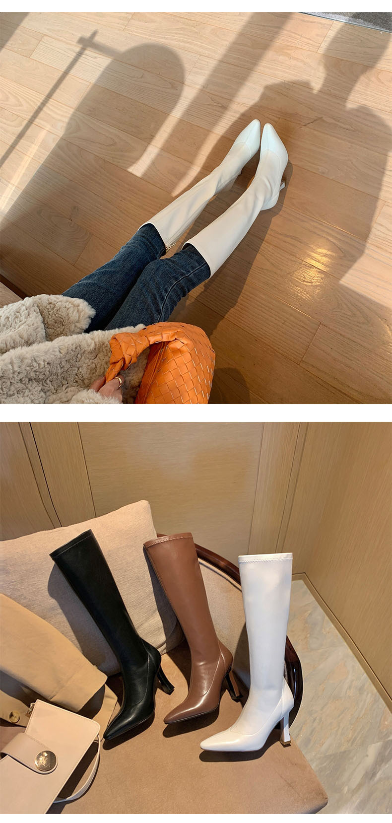 INS Commuting Figure Flattering Springy Thigh Boot below the Knee European and American Super High Heel Pointed Single-Layer Boots Side Zipper Martin Boots