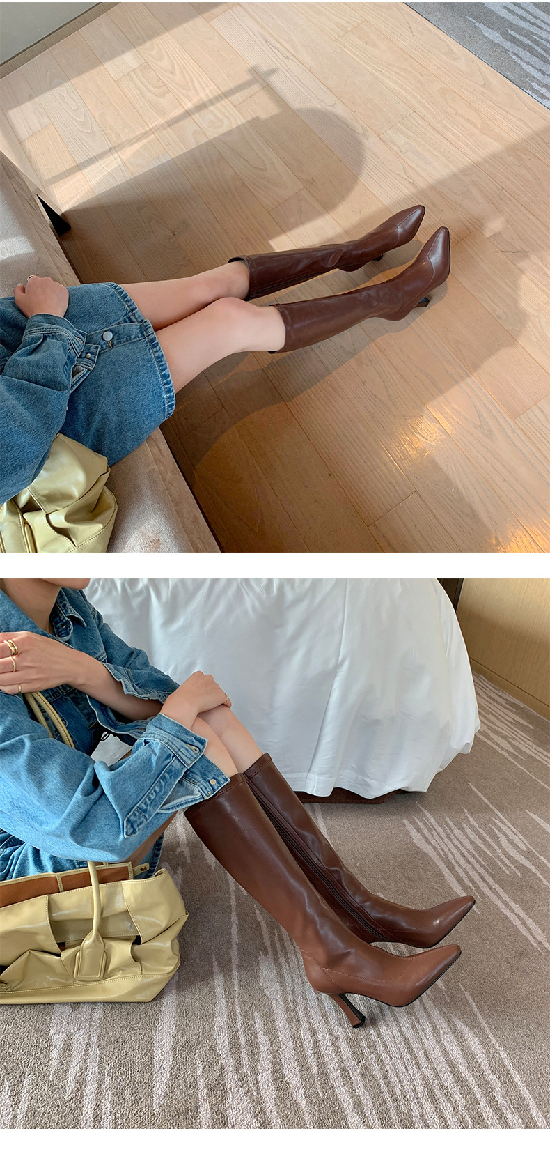 INS Commuting Figure Flattering Springy Thigh Boot below the Knee European and American Super High Heel Pointed Single-Layer Boots Side Zipper Martin Boots