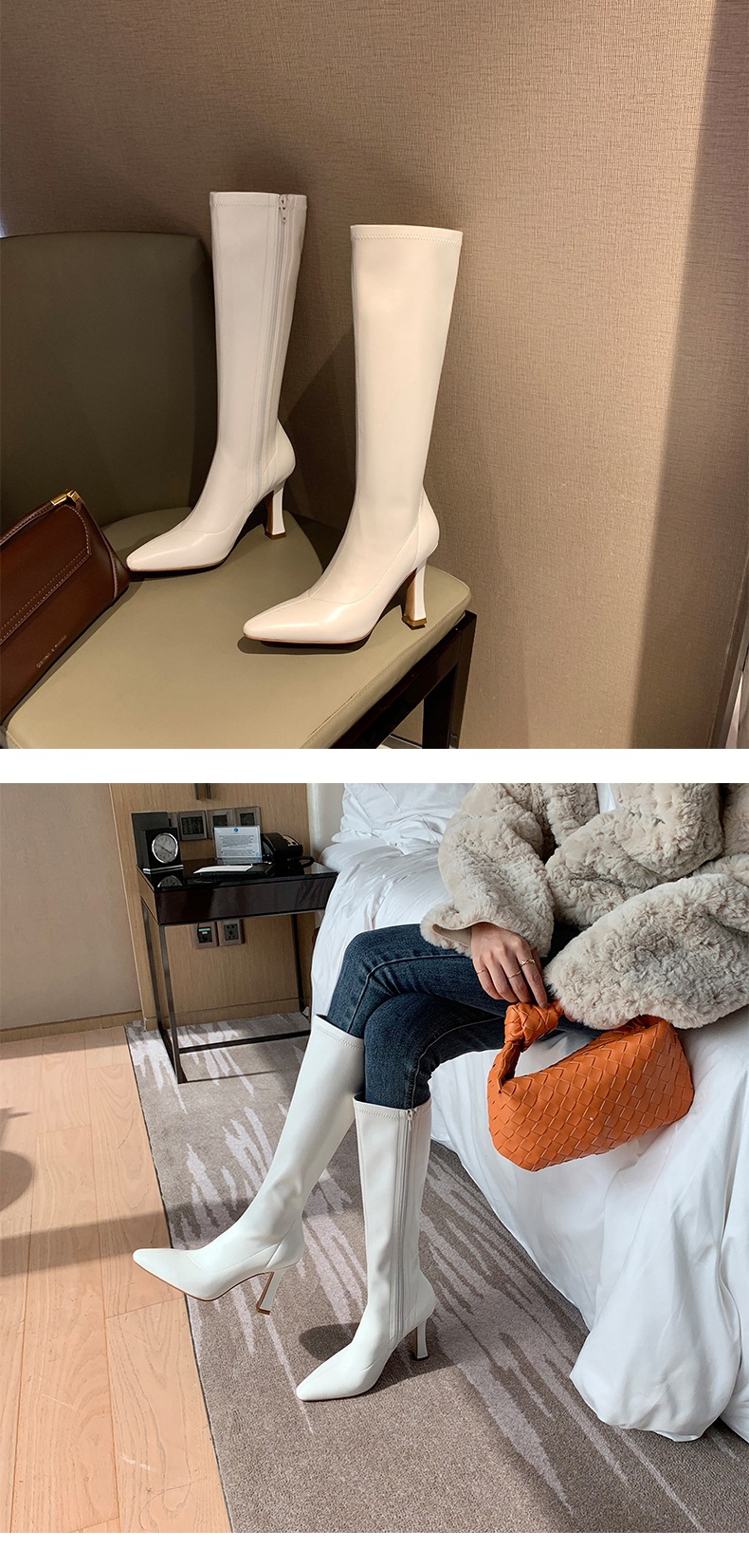 INS Commuting Figure Flattering Springy Thigh Boot below the Knee European and American Super High Heel Pointed Single-Layer Boots Side Zipper Martin Boots