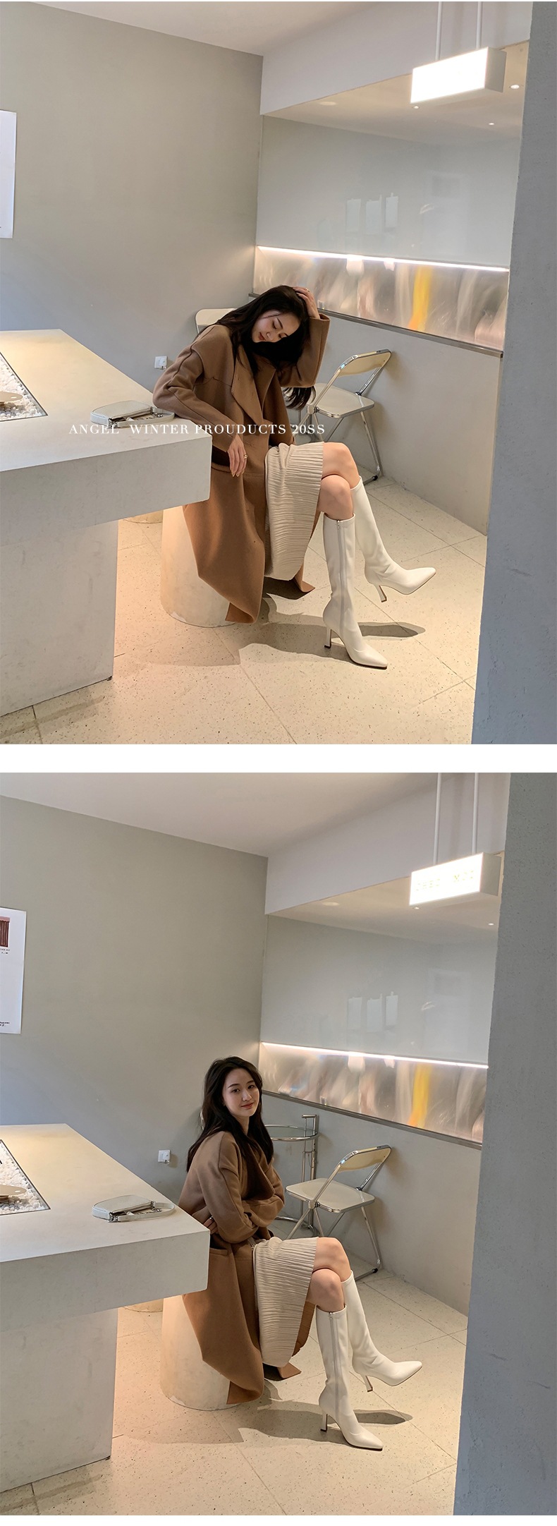 INS Commuting Figure Flattering Springy Thigh Boot below the Knee European and American Super High Heel Pointed Single-Layer Boots Side Zipper Martin Boots