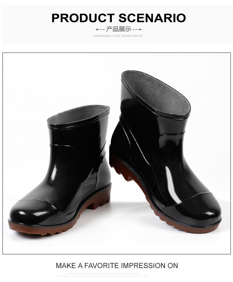 Plastic 3537 Rain Boots Men's Low-Cut Short Rain Shoes Black PVC Plastic Shoes Beef Tendon Platform Waterproof Shoes Rain Shoes Shoe Cover