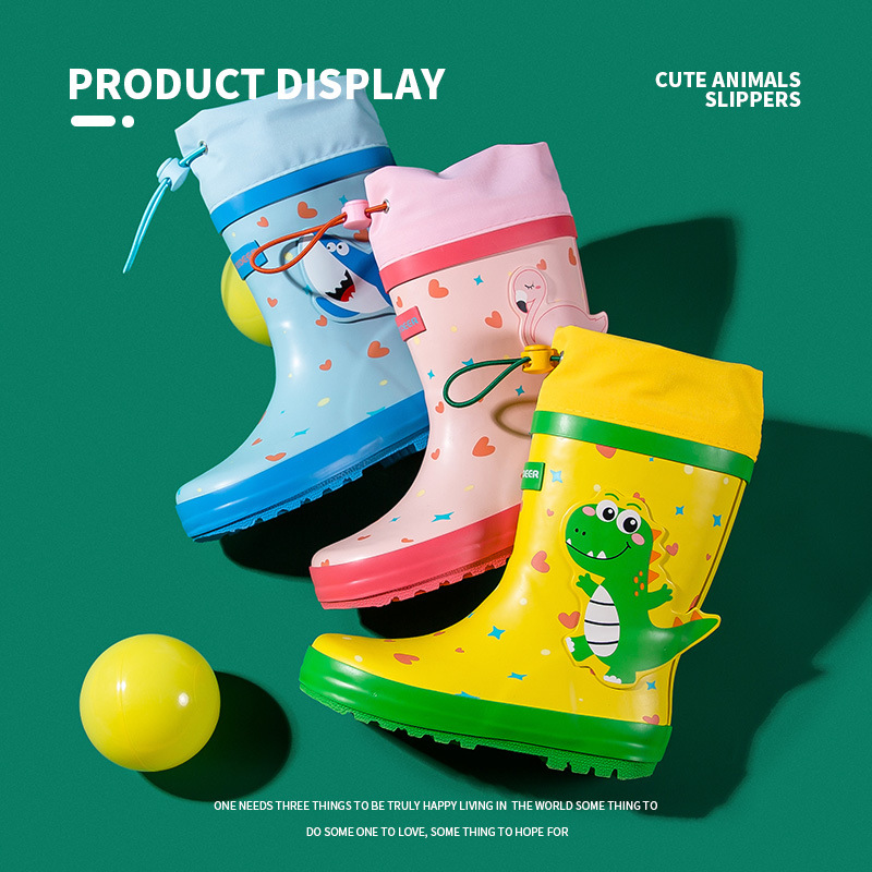 Xiaolumili Children&#039;s Rain Boots 2021 New Little Dinosaur Drawstring Rain Boots Non-Slip Cute Children Baby Rain Boots