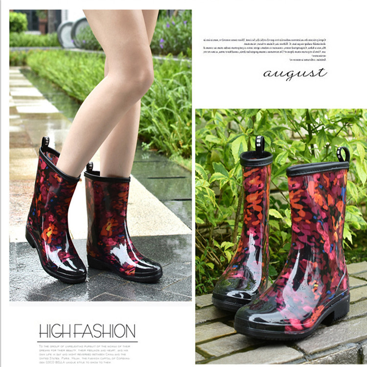 European and American Rain Shoes One-Piece Mid-Calf Rubber Boots Pattern Rain Boots Women's Rain Boots Outer Wear Cross-Border PVC