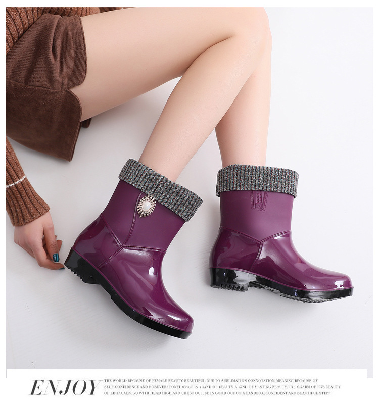 New Spring and Autumn Rain Boots Mid-Calf Women's Rain Boots Warm Fashion Women's Cotton-Padded Women's Rain Shoes Labor Protection Outerwear Wholesale