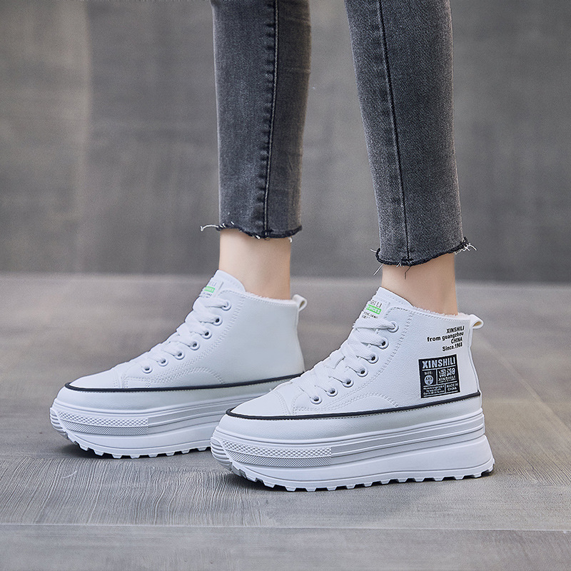 INS Fleece-Lined Warm High Top White Shoes Female 2021 Winter New Korean Style Student Thick Bottom and Warm Keeping Casual Cotton-Padded Shoes