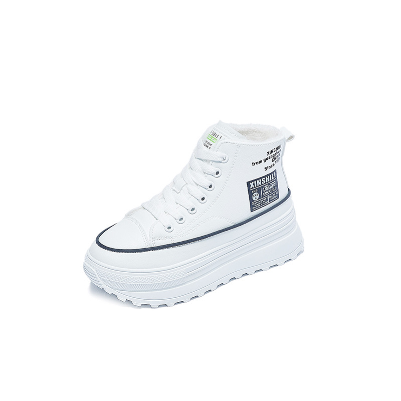 INS Fleece-Lined Warm High Top White Shoes Female 2021 Winter New Korean Style Student Thick Bottom and Warm Keeping Casual Cotton-Padded Shoes