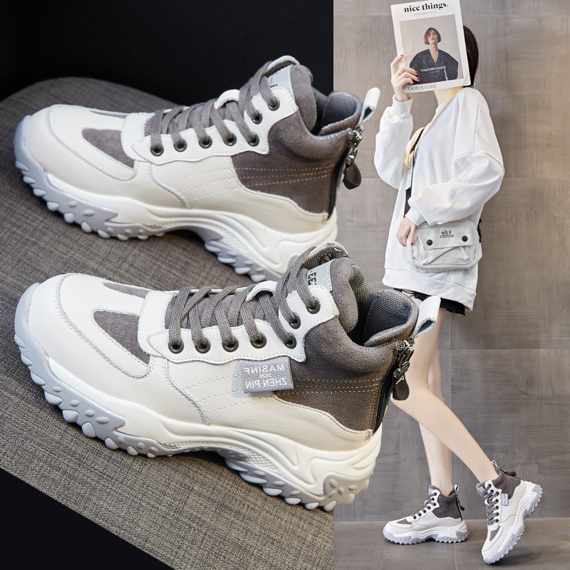 Genuine Leather Shoes Women&#039;s 2021 New Autumn and Winter Casual Pumps High Top White Shoes Women&#039;s Platform Muffin Women&#039;s Shoes Cotton-Padded Shoes