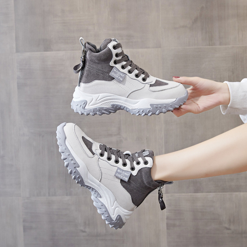 Genuine Leather Shoes Women&#039;s 2021 New Autumn and Winter Casual Pumps High Top White Shoes Women&#039;s Platform Muffin Women&#039;s Shoes Cotton-Padded Shoes