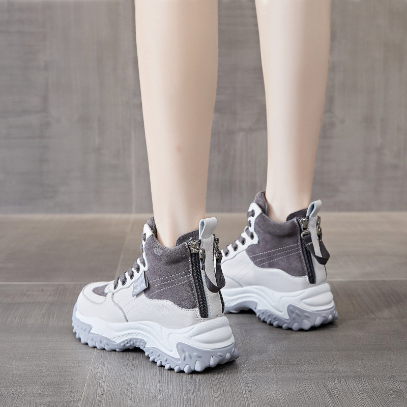 Genuine Leather Shoes Women&#039;s 2021 New Autumn and Winter Casual Pumps High Top White Shoes Women&#039;s Platform Muffin Women&#039;s Shoes Cotton-Padded Shoes