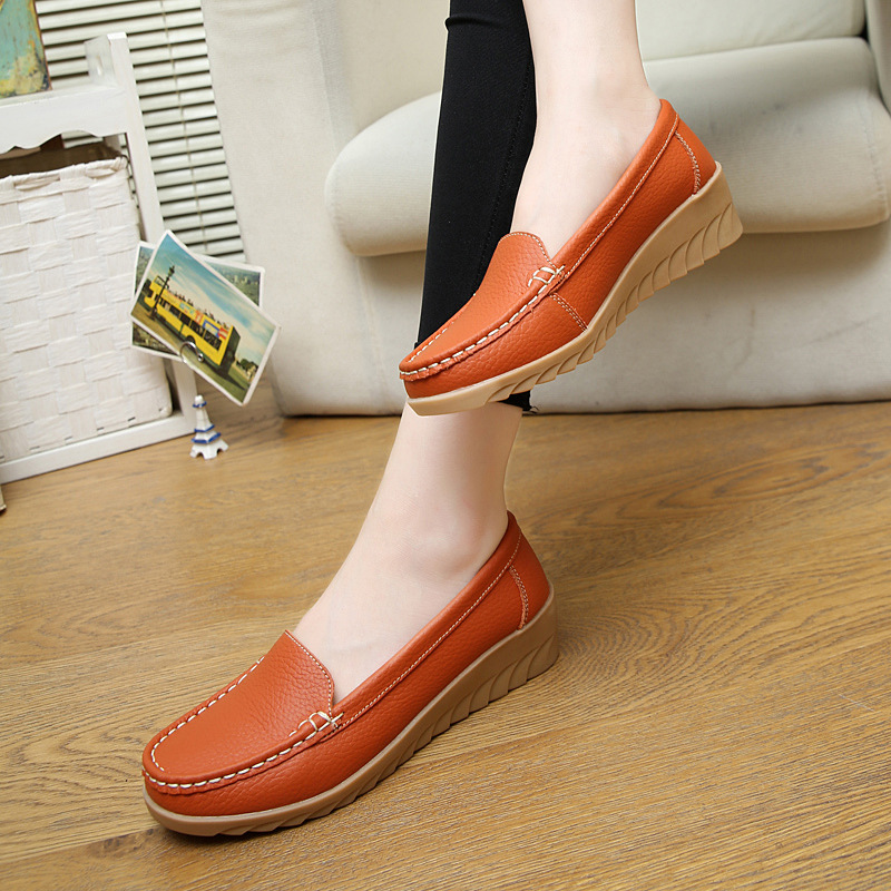 New Spring and Autumn Cowhide Wedge Nurse Shoes Casual Mom Shoes Leather Shoes Flat Pumps Women&#039;s Women&#039;s Mid Heel Shoes