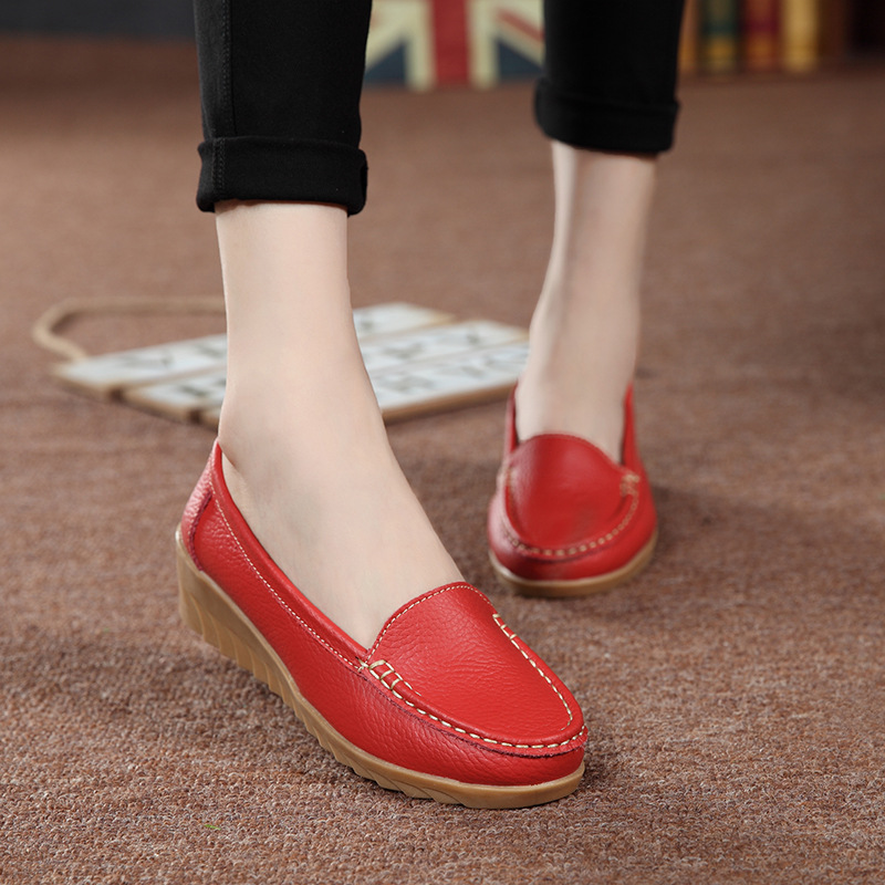 New Spring and Autumn Cowhide Wedge Nurse Shoes Casual Mom Shoes Leather Shoes Flat Pumps Women&#039;s Women&#039;s Mid Heel Shoes