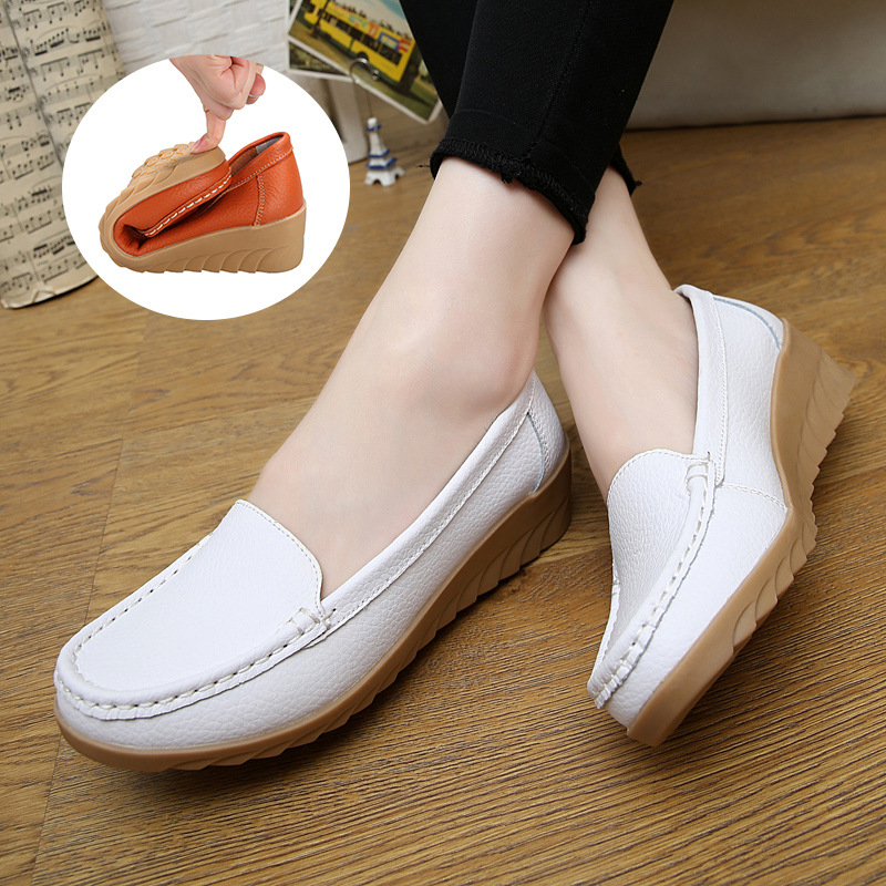 New Spring and Autumn Cowhide Wedge Nurse Shoes Casual Mom Shoes Leather Shoes Flat Pumps Women&#039;s Women&#039;s Mid Heel Shoes