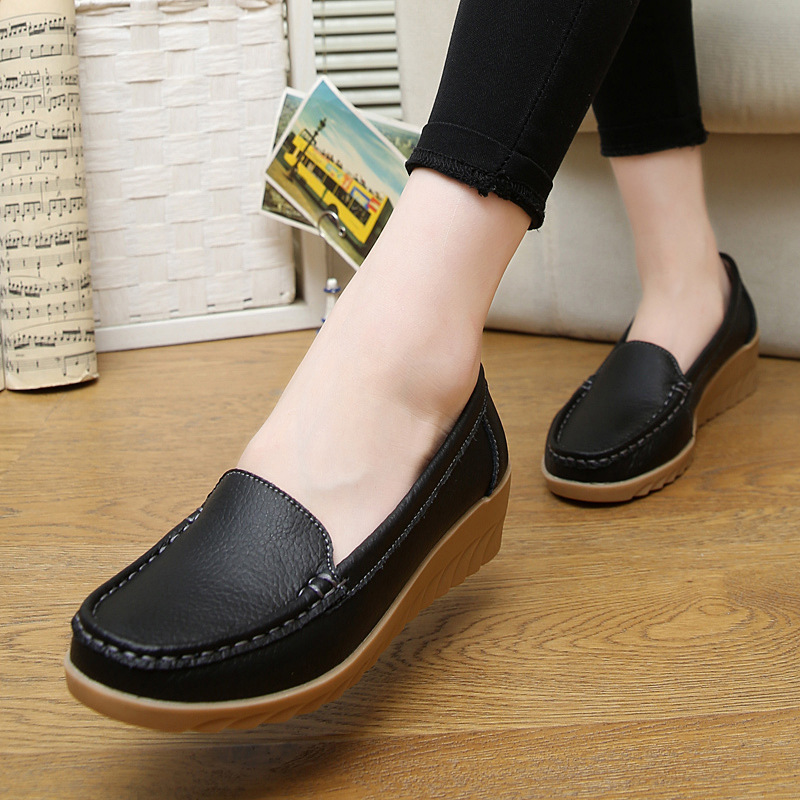 New Spring and Autumn Cowhide Wedge Nurse Shoes Casual Mom Shoes Leather Shoes Flat Pumps Women&#039;s Women&#039;s Mid Heel Shoes