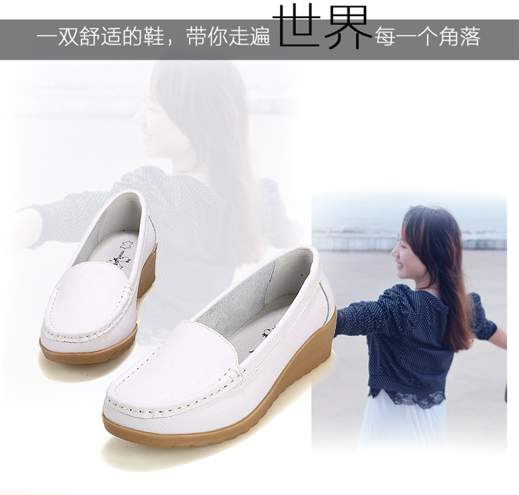 New Spring and Autumn Cowhide Wedge Nurse Shoes Casual Mom Shoes Leather Shoes Flat Pumps Women's Women's Mid Heel Shoes