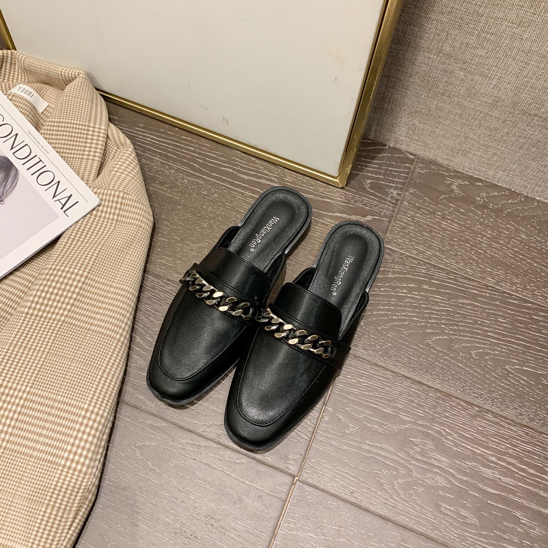 2022 Spring and Autumn New European and American Stylish Low Heel Semi Slipper Women's Shoes Internet Celebrity Chain Flat Slippers Foreign Trade 41