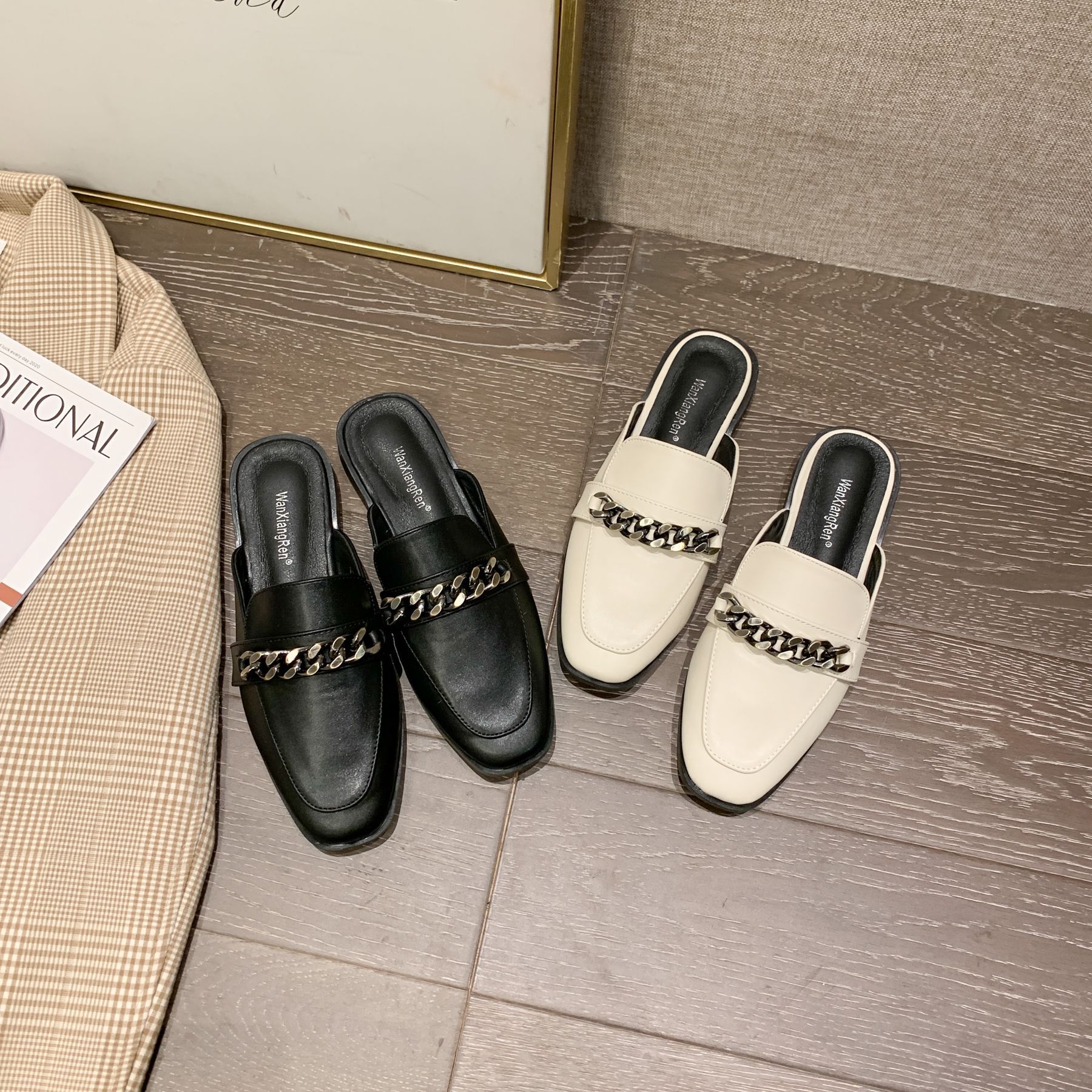 2022 Spring and Autumn New European and American Stylish Low Heel Semi Slipper Women's Shoes Internet Celebrity Chain Flat Slippers Foreign Trade 41