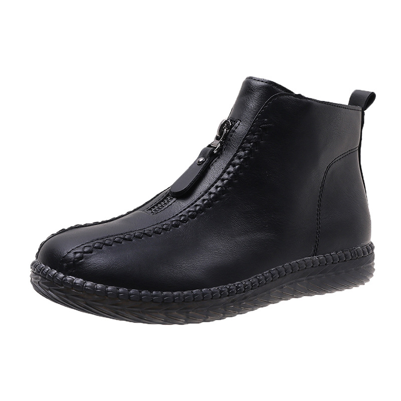 2021 Autumn and Winter New Stitching Side Zipper Cotton Shoes Fashion Martin Boots Low Tube Flat Heel Solid Color round Head Ankle Boots