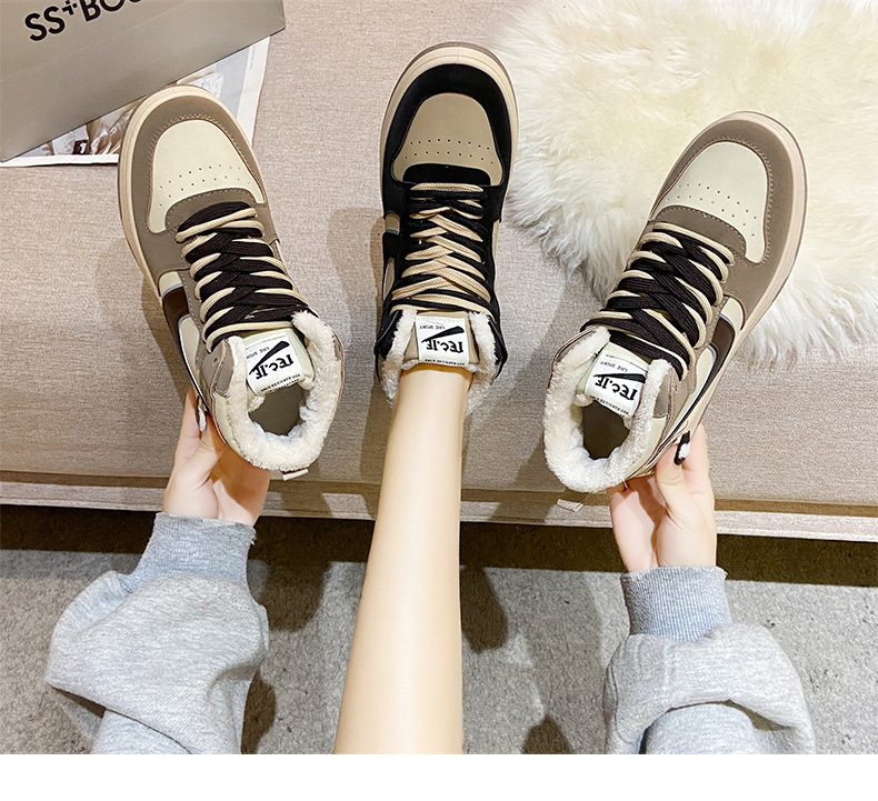 2021 Winter New Flat Heel Front Lace-up Daily round Toe Gray High-Top Artificial Fur Women's Shoes Color Matching Warm Casual Shoes