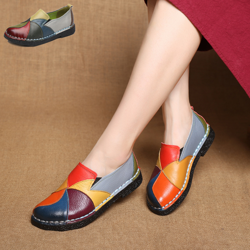 Large Size Women&#039;s Shoes Genuine Leather Assorted Colors Retro Flat Heel Soft Bottom Leather Shoes MiddleAged Mom Shoes
