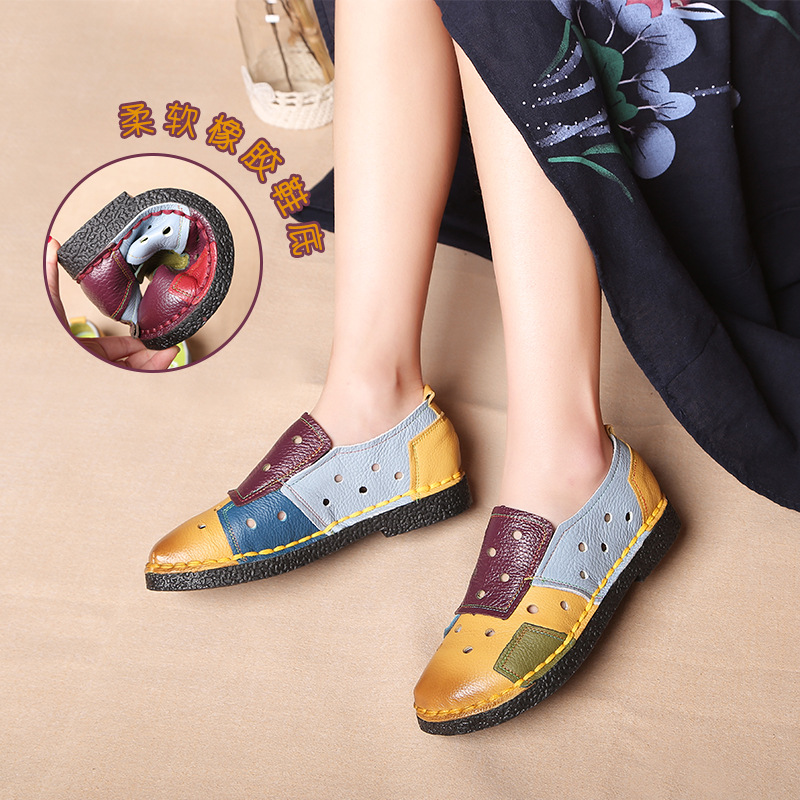 Large Size Women&#039;s Shoes Genuine Leather Assorted Colors Retro Flat Heel Soft Bottom Leather Shoes MiddleAged Mom Shoes