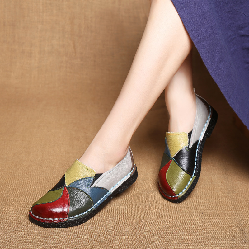 Large Size Women&#039;s Shoes Genuine Leather Assorted Colors Retro Flat Heel Soft Bottom Leather Shoes MiddleAged Mom Shoes