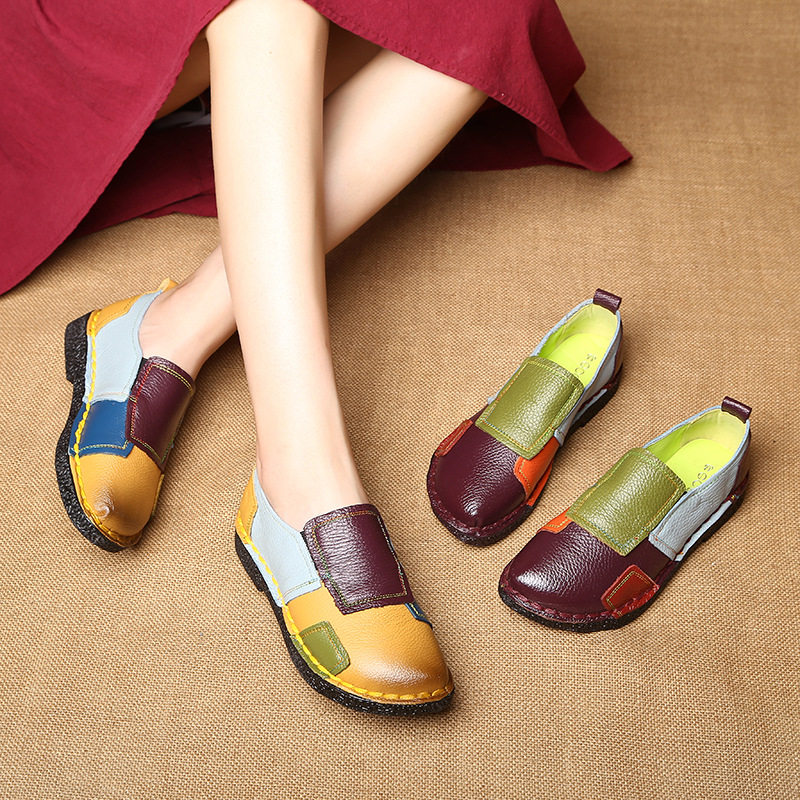 Large Size Women&#039;s Shoes Genuine Leather Assorted Colors Retro Flat Heel Soft Bottom Leather Shoes MiddleAged Mom Shoes