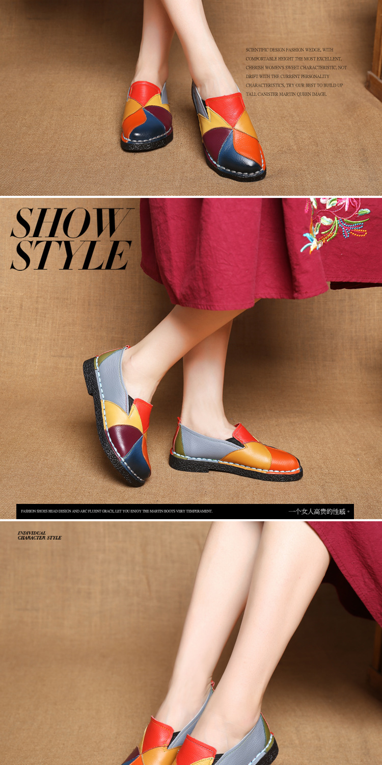 Large Size Women's Shoes Genuine Leather Assorted Colors Retro Flat Heel Soft Bottom Leather Shoes MiddleAged Mom Shoes