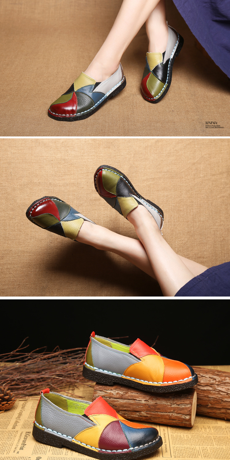 Large Size Women's Shoes Genuine Leather Assorted Colors Retro Flat Heel Soft Bottom Leather Shoes MiddleAged Mom Shoes