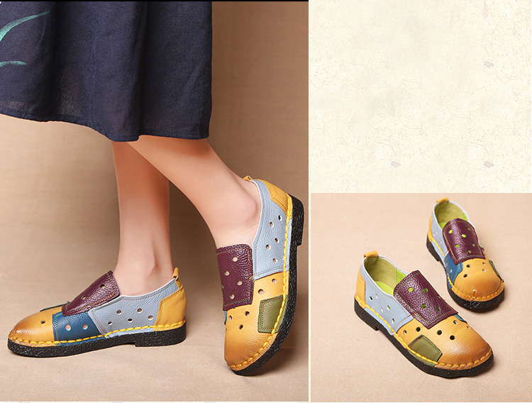 Large Size Women's Shoes Genuine Leather Assorted Colors Retro Flat Heel Soft Bottom Leather Shoes MiddleAged Mom Shoes