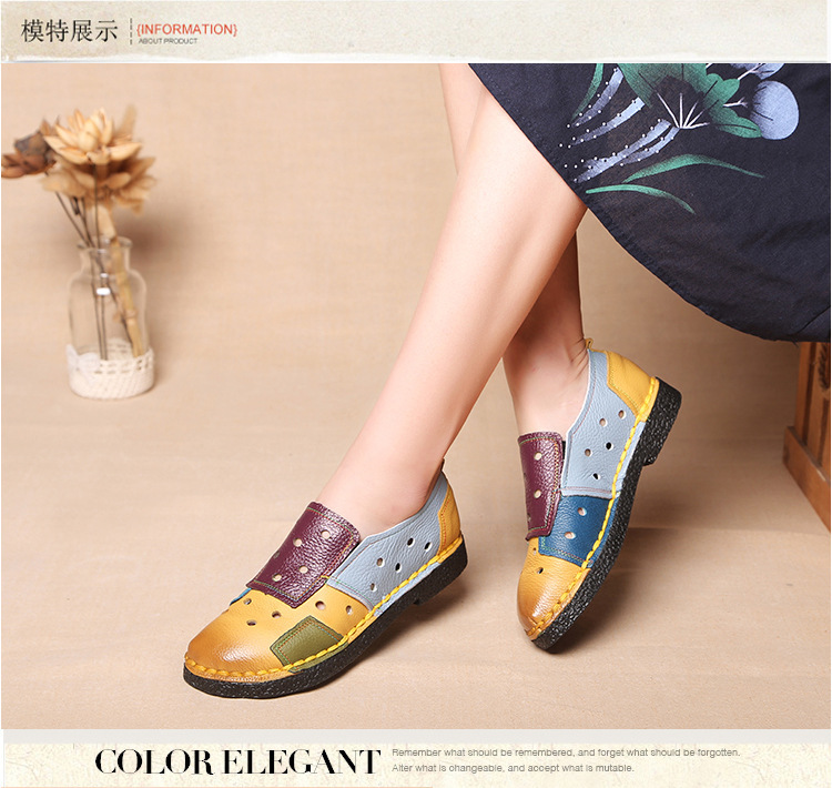 Large Size Women's Shoes Genuine Leather Assorted Colors Retro Flat Heel Soft Bottom Leather Shoes MiddleAged Mom Shoes