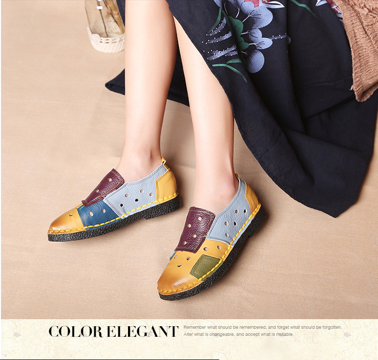Large Size Women's Shoes Genuine Leather Assorted Colors Retro Flat Heel Soft Bottom Leather Shoes MiddleAged Mom Shoes