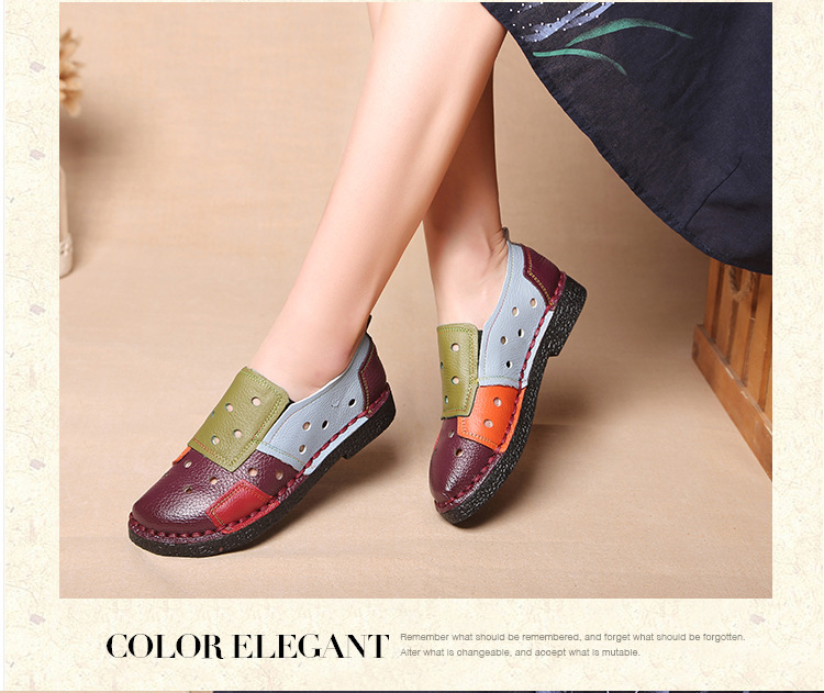 Large Size Women's Shoes Genuine Leather Assorted Colors Retro Flat Heel Soft Bottom Leather Shoes MiddleAged Mom Shoes