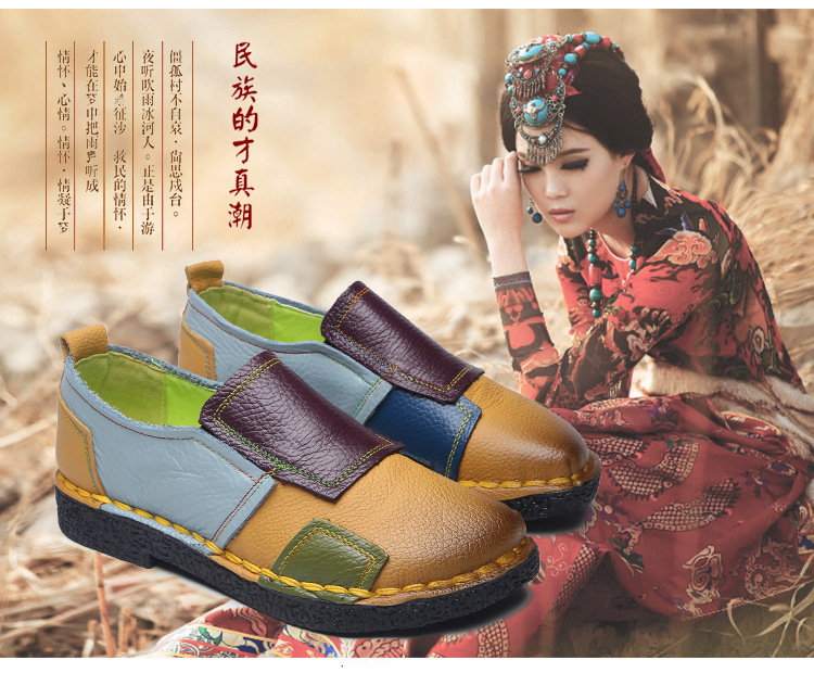 Large Size Women's Shoes Genuine Leather Assorted Colors Retro Flat Heel Soft Bottom Leather Shoes MiddleAged Mom Shoes