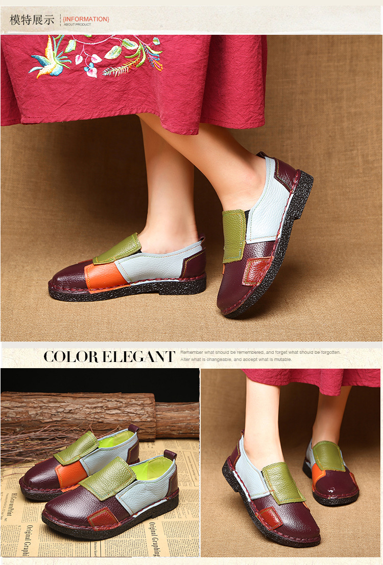 Large Size Women's Shoes Genuine Leather Assorted Colors Retro Flat Heel Soft Bottom Leather Shoes MiddleAged Mom Shoes