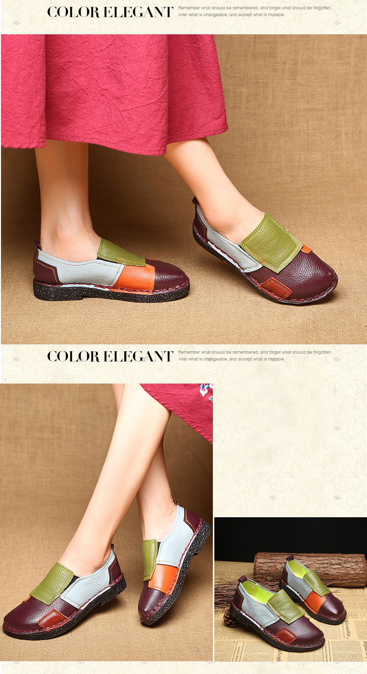 Large Size Women's Shoes Genuine Leather Assorted Colors Retro Flat Heel Soft Bottom Leather Shoes MiddleAged Mom Shoes