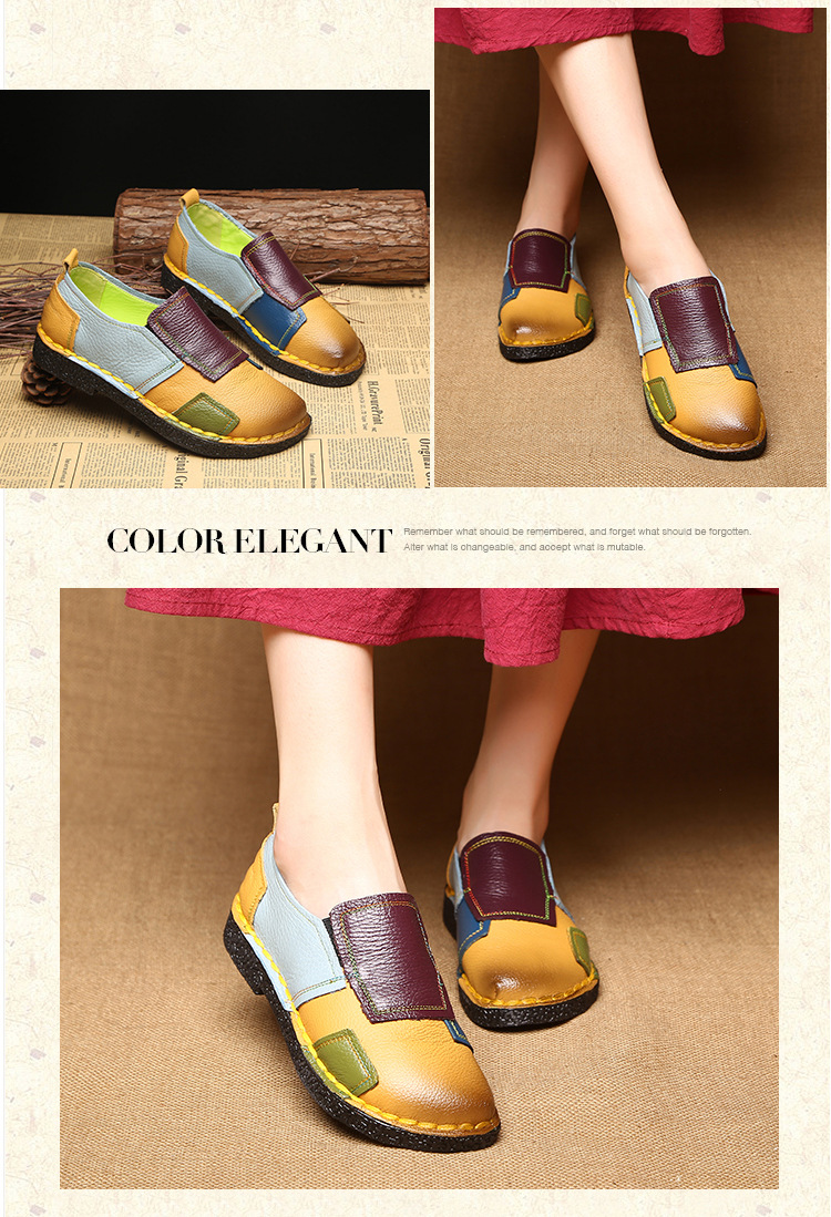 Large Size Women's Shoes Genuine Leather Assorted Colors Retro Flat Heel Soft Bottom Leather Shoes MiddleAged Mom Shoes
