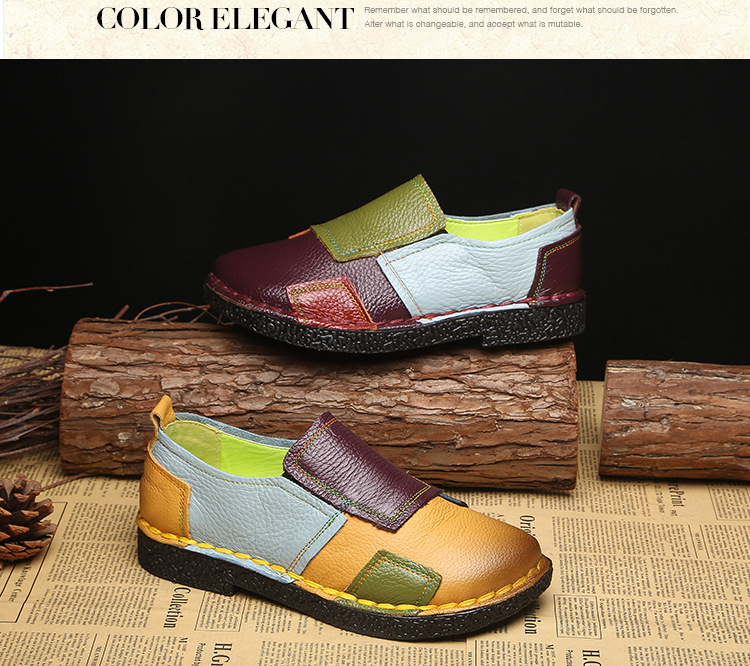 Large Size Women's Shoes Genuine Leather Assorted Colors Retro Flat Heel Soft Bottom Leather Shoes MiddleAged Mom Shoes