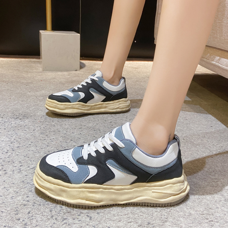 Fall 2021new Korean Style Ins Fashionable Thick Bottom Vintage Soft Bottom Colorblock Board Shoes Women Leisure Sports Shoes Women