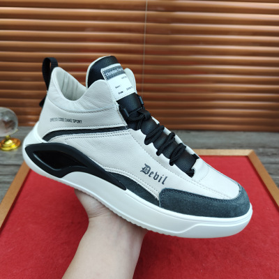 European Station Real Shot Leather Men&#039;s Shoes All-Match Mid-Top Casual Sneakers Height Increasing Insole Autumn and Winter Korean Sports Shoes Soft Leather
