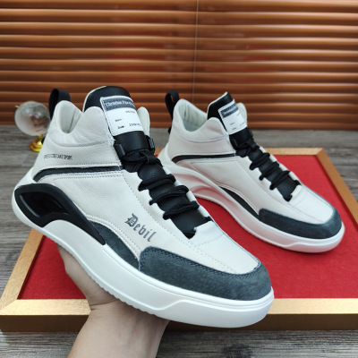 European Station Real Shot Leather Men&#039;s Shoes All-Match Mid-Top Casual Sneakers Height Increasing Insole Autumn and Winter Korean Sports Shoes Soft Leather