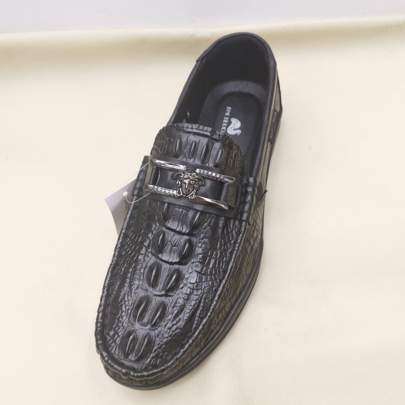 2021 Summer New First Layer Cowhide Crocodile Pattern Metal Decorative Men&#039;s Shoes Slip-on Wearable and Trendy European and American Comfortable Leather Shoes