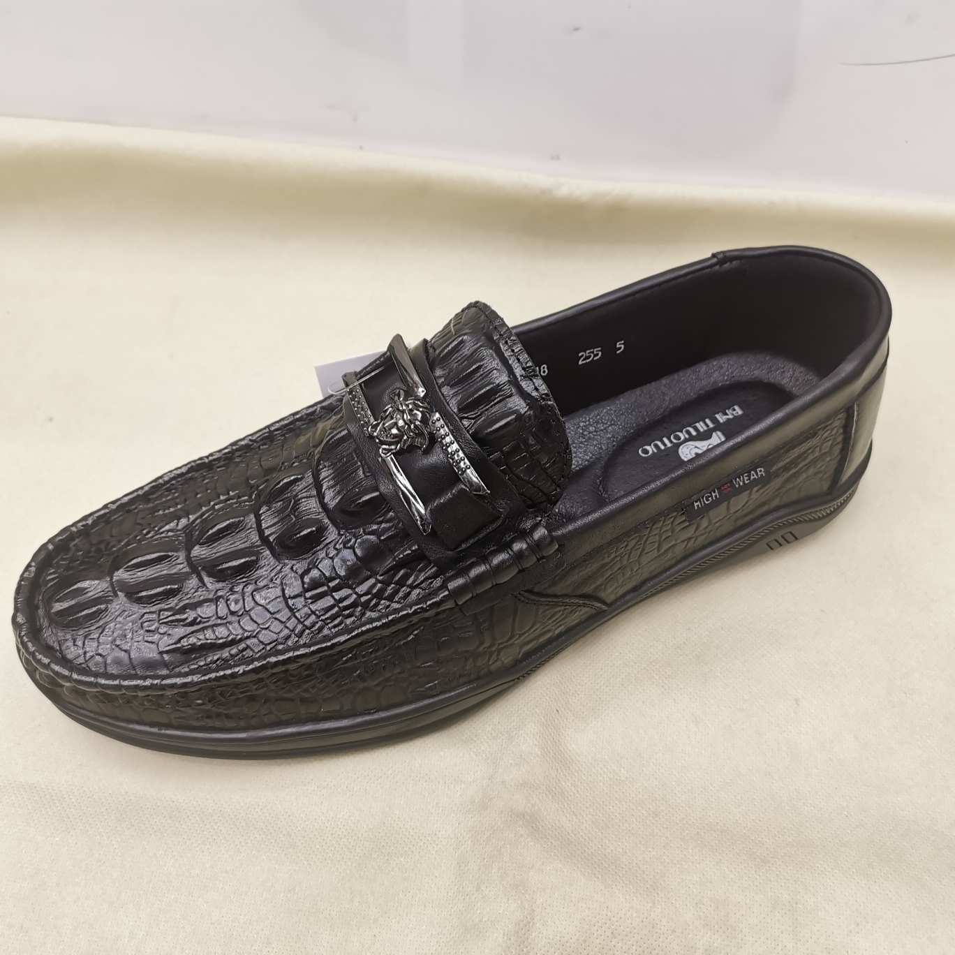 2021 Summer New First Layer Cowhide Crocodile Pattern Metal Decorative Men&#039;s Shoes Slip-on Wearable and Trendy European and American Comfortable Leather Shoes