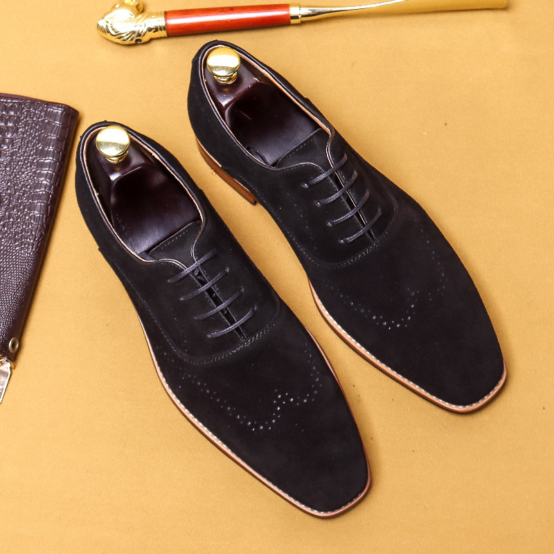 Cross-Border Men&#039;s Shoes British Genuine Leather Suede Business Formal Wear Oxford Shoes Lace-up Carving Brogue Foreign Trade Leather Shoes
