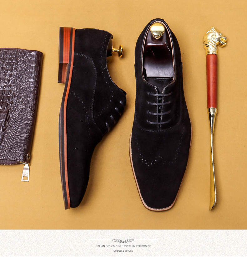 Cross-Border Men's Shoes British Genuine Leather Suede Business Formal Wear Oxford Shoes Lace-up Carving Brogue Foreign Trade Leather Shoes