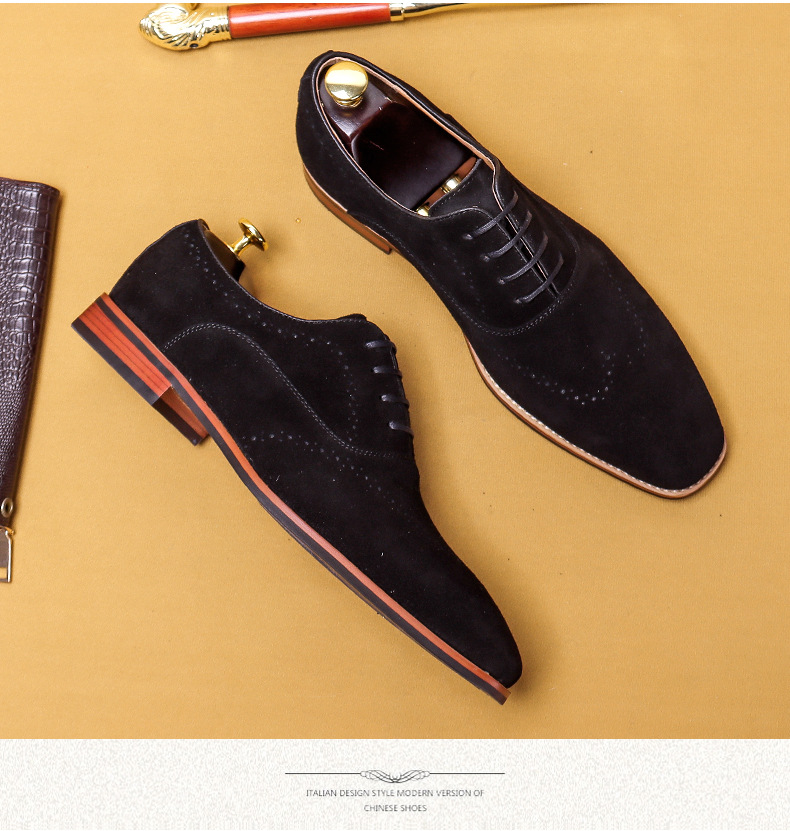 Cross-Border Men's Shoes British Genuine Leather Suede Business Formal Wear Oxford Shoes Lace-up Carving Brogue Foreign Trade Leather Shoes